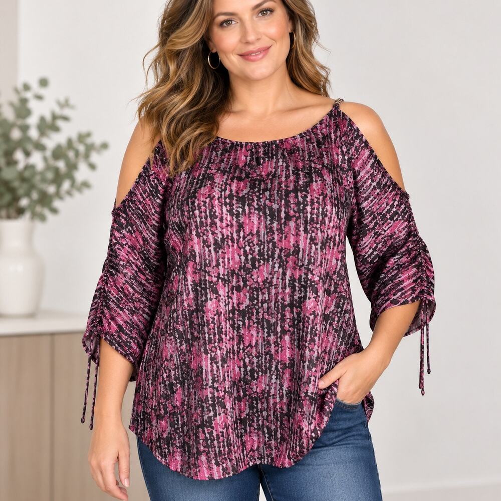 Michael Kors Womens Large Pink Black Printed Cold Shoulder Blouse Shirt Top